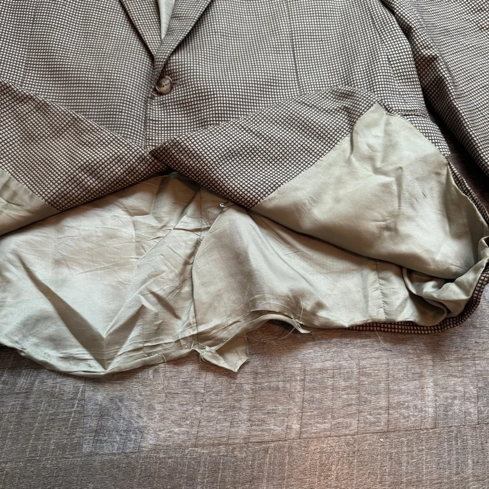 Ermenegildo Zegna Silk Wool Blazer Suit Jacket Tan Black‎ Houndstooth 46R Flaws